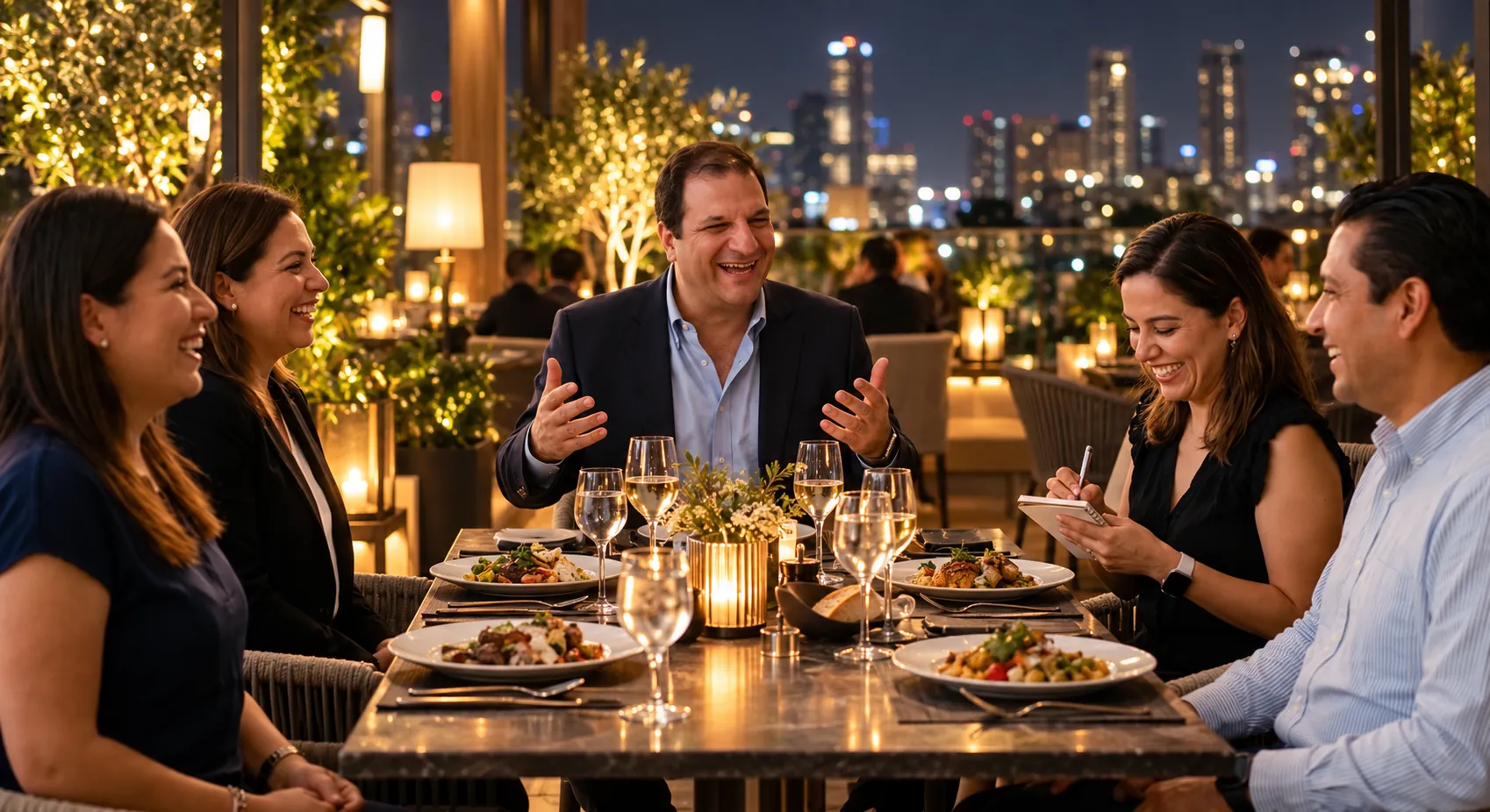 Daniel Marcos conversando con un grupo de empresarios durante una cena en una terraza con la ciudad de noche al fondo