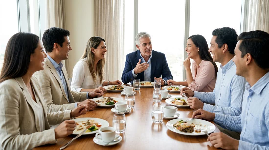Daniel Marcos conversando con un grupo reducido de dueños de empresa durante la comida